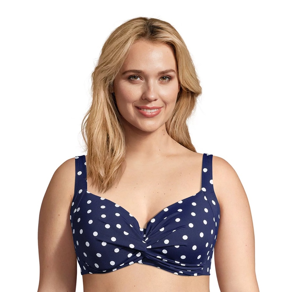 Lands' End Twist-Front Underwire‎ Bikini Top Navy Blue Polka Dot Sz 10 DD NEW